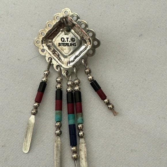 Vintage Sterling Zuni Earrings Coral Lapis and Turquoise signed Q.T. - Picture 5 of 7